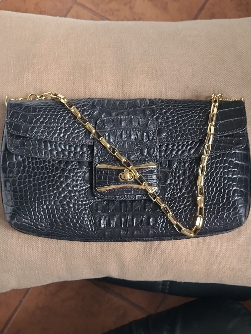 Sondra Roberts Black Leather Croc-Embossed Clutch with Gold Chain. East West.